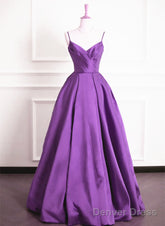 Purple Satin V-Neckline Straps Long Prom Dress, Purple Evening Dress Formal Dress