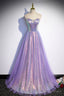 Purple Sequins Long A Line Prom Dress, Purple Strapless Prom Graduation Dresses