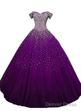 Purple Sequins Off Shoulder Ball Gown Sweet 16 Gown, Lace-Up Tulle Purple Formal Dresses