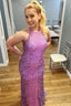 Purple Sheath Lace Up Back Sequins Prom Dresses