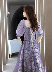 Purple Short Sleeves Tulle Sweetheart Party Dress, A-Line Purple Tulle Prom Dress