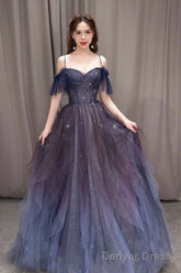 Purple Spaghetti Strap Gradient Tulle Long Prom Dress, A-Line Evening Party Dress