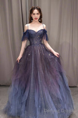 Purple Spaghetti Strap Gradient Tulle Long Prom Dress, A-Line Evening Party Dress