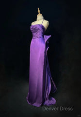 Purple Spaghetti Strap Satin Prom Dresses Backless Evening Gown