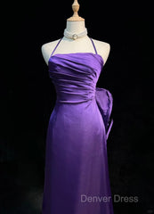 Purple Spaghetti Strap Satin Prom Dresses Backless Evening Gown