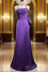 Purple Spaghetti Strap Satin Prom Dresses Backless Evening Gown