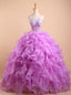 Purple Sweetheart Ball Gown Applique Top Beaded Backless Long Quinceanera Dresses