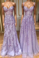 Purple sweetheart neck lace long prom Dresses, lace formal graduation Dresses