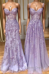Purple sweetheart neck lace long prom Dresses, lace formal graduation Dresses