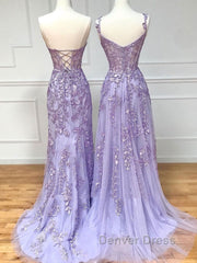 Purple sweetheart neck lace long prom Dresses, lace formal graduation Dresses