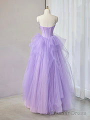 Purple Sweetheart Neck Tulle Applique Long Prom Dress, Purple Long Sweet 16 Dress