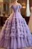 Purple Sweetheart Tulle Layers Sweet 16 Dresses Long Prom Dresses A Line Off Shoulder Solid Color