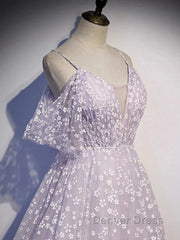 Purple Tulle A Line Long Prom Dresses Formal Dresses With Flowers December Wedding Guest Dresses