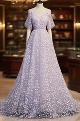 Purple Tulle A Line Long Prom Dresses Formal Dresses With Flowers December Wedding Guest Dresses