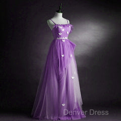 Purple Tulle A-Line Straps Long Formal Dresses, Purple Floor Length Prom Dresses