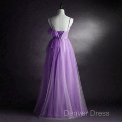 Purple Tulle A-Line Straps Long Formal Dresses, Purple Floor Length Prom Dresses