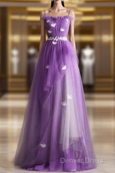 Purple Tulle A-Line Straps Long Formal Dresses, Purple Floor Length Prom Dresses