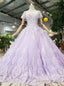 Purple Tulle Appliques Short Sleeve Prom Wedding Dresses With Beading