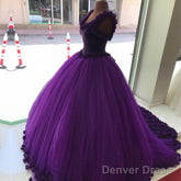 Purple Tulle Ball Gowns Flower Wedding Dresses Crystal Beaded Bodice