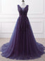 Purple Tulle Beaded Long Prom Dress, Dark Purple Prom Dresses