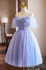 Purple Tulle Knee Length Prom Dress, Lovely Off The Shoulder Party Dress