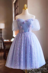 Purple Tulle Knee Length Prom Dress, Lovely Off The Shoulder Party Dress
