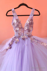 Purple Tulle Lace Long A-Line Prom Dress, V-Neck Evening Party Dress