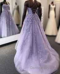 Purple tulle lace long prom Dresses lace tulle formal Dresses
