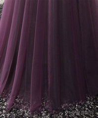 Purple Tulle Lace Off Shoulder Long Prom Dress, Purple Evening Dress