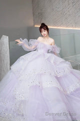 Purple Tulle Layers Long A-Line Prom Dress, Cute Long Sleeve Evening Gown