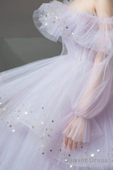 Purple Tulle Layers Long A-Line Prom Dress, Cute Long Sleeve Evening Gown