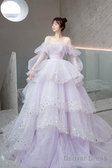 Purple Tulle Layers Long A-Line Prom Dress, Cute Long Sleeve Evening Gown