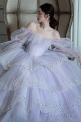 Purple Tulle Layers Long A-Line Prom Dress, Off The Shoulder Evening Gown
