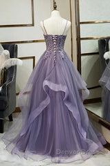 Purple Tulle Layers Long Formal Gown Lace Applique Party Dresses A Line Floor Length Prom Dresses
