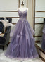 Purple Tulle Layers Long Prom Gowns, Lace Applique Top Prom Dresses