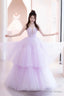 Purple Tulle Long A Line Prom Dress, A Line Strapless Prom Dresses
