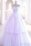 Purple Tulle Long A Line Prom Dresses, A Line Strapless Prom Gowns