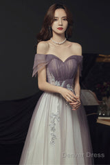 Purple Tulle Long A-Line Prom Dress, Off The Shoulder Evening Graduation Dress