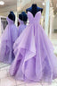 Purple Tulle Long A Line Prom Dress, Spaghetti Strap Prom Dresses
