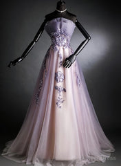 Purple Tulle Long Gradient Party Dress with Flower Lace Applique, Light Purple Prom Dresses