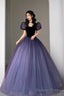 Purple Tulle Long Princess Dress, Cute Short Sleeve Prom Dresses