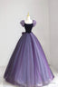 Purple Tulle Long Prom Dress with Velvet, Cute A Line Short Sleeve Prom Dresses