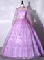 Purple Tulle Long Sleeve 3D Flower Quinceanera Dresses