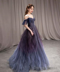 Purple Tulle Off Shoulder A-Line Long Prom Dress, Purple Evening Dress