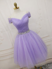 Purple Tulle Off Shoulder Sequin Short Prom Dress Purple Homecoming Dress