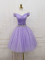 Purple Tulle Off Shoulder Sequin Short Prom Dress Purple Homecoming Dresses