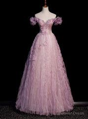 Purple Tulle Off the Shoulder Beading Flower Prom Dress