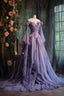 Purple Tulle Prom Dress One Shoulder Fairy Long Sleeve 3D Floral Appliques Prom Dresses