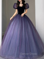 Purple Tulle Sequin Long Prom Dresses, Purple Evening Dresses