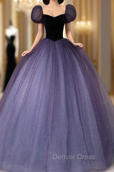 Purple Tulle Sequin Long Prom Dresses, Purple Evening Dresses